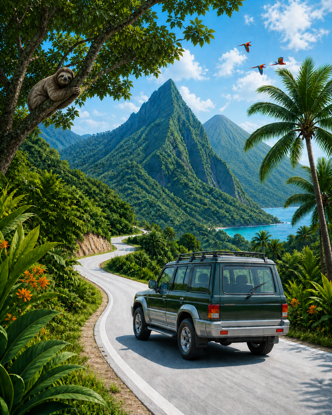 Galloper II recorriendo un paisaje tropical con un perezoso, lapas rojas y un volcán